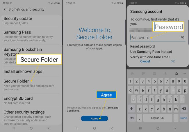 Zabezpečený priečinok, súhlas, heslo pre účet Samsung