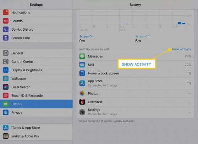 إظهار زر النشاط في إعدادات البطارية على جهاز iPad