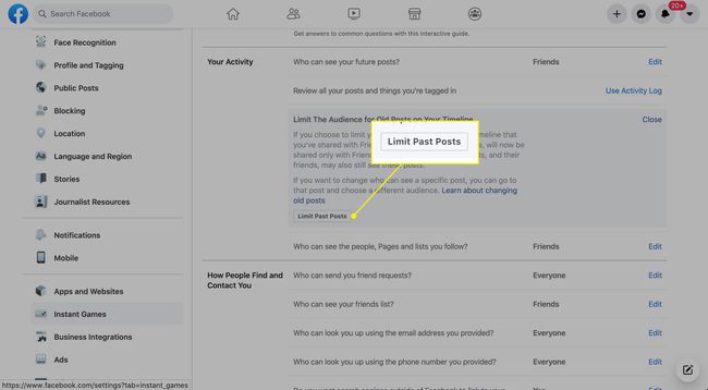 Бутонът „Ограничете минали публикации“ в настройките на Facebook