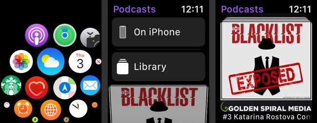 Apple Watch, ki prikazuje aplikacijo Podcast in podcaste