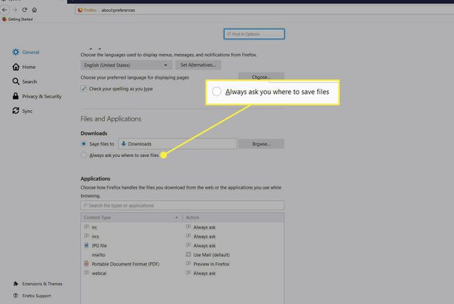 Una captura de pantalla de la configuración de descargas de Firefox con la opción " Preguntar siempre dónde guardar" resaltada