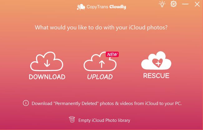 Las opciones de CopyTrans Cloudly incluyen descarga, carga y rescate