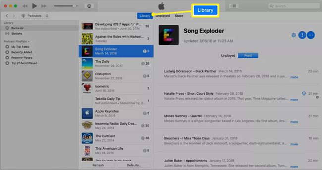 แท็บคลังที่เลือกในหน้าจอพอดคาสต์ของ iTunes