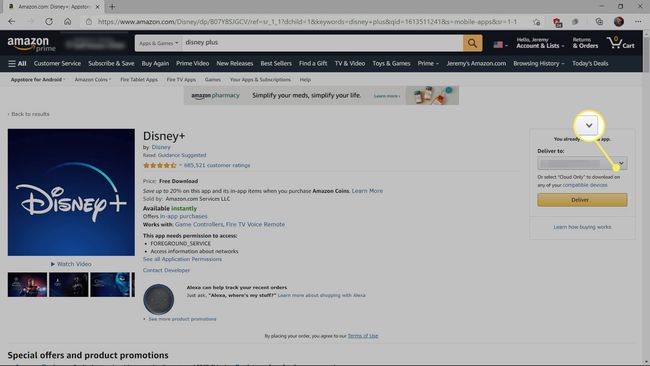 Disney Plus en Amazon con el menú desplegable Enviar a resaltado