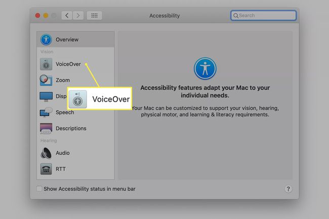 VoiceOver-vaihtoehto macOS: n esteettömyysasetuksista