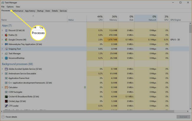 Správce úloh systému Windows se zvýrazněnou kartou Procesy.