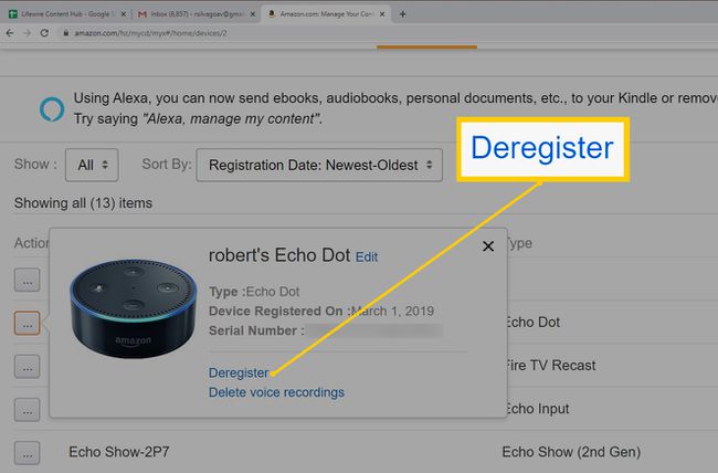 Zařízení a obsah webového prohlížeče Amazon – ze seznamu vyberte zařízení, které chcete zrušit