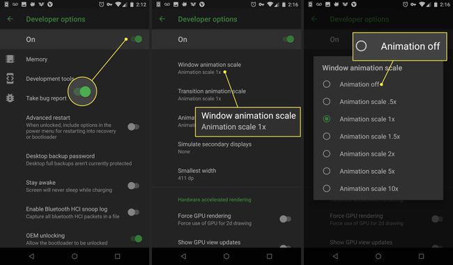 Capturi de ecran ale unui telefon Android care arată cum să dezactivați animația ferestrei