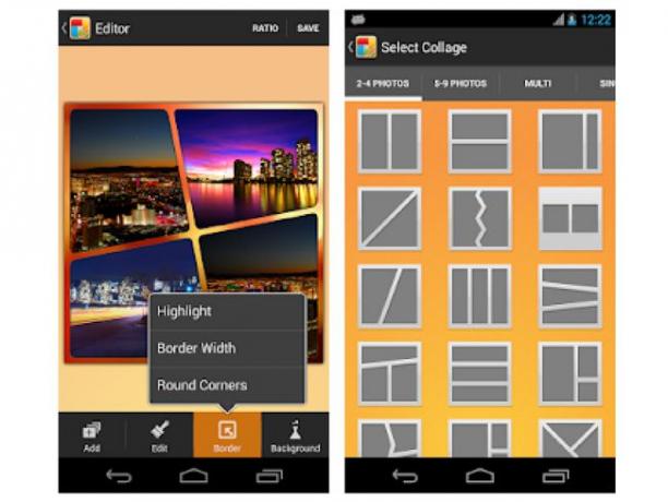 Bir Android'deki KD Collage uygulamasının ekran görüntüleri.