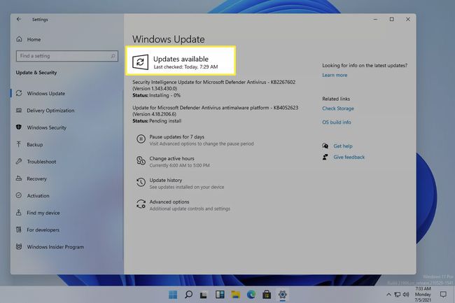 Zpráva o dostupnosti aktualizací systému Windows v systému Windows 11 