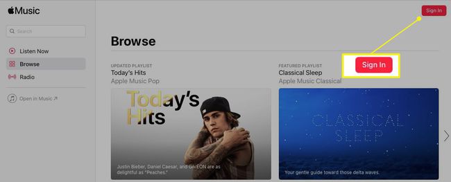 Witryna Apple Music z podświetlonym „Zaloguj się”