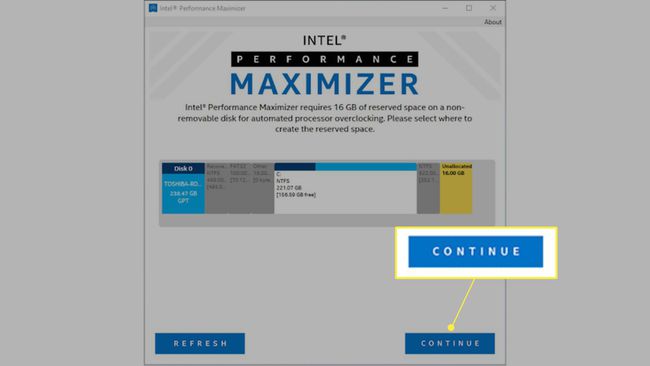 Unità mostrate e Continua evidenziato in Intel Performance Maximizer