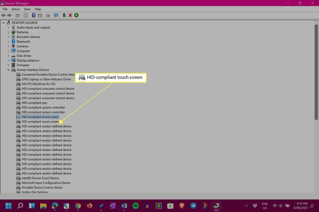 Windows 11 Enhetsbehandling med andre HID-kompatibel berøringsskjerm uthevet
