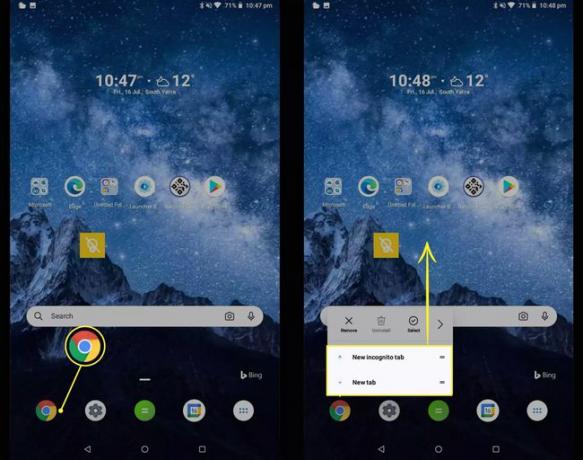Android ana ekranında Google Chrome simgesi ve kısayol seçenekleri