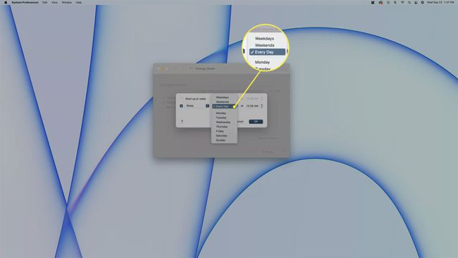 Mac Energy Saver 일정에서 강조 표시된 요일 메뉴.