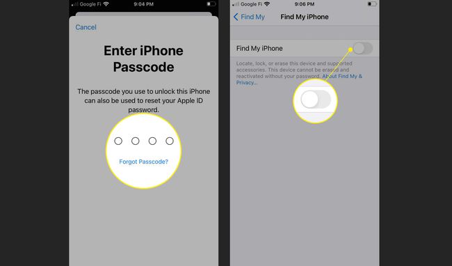 Eingabefeld für den iPhone-Passcode und die Option „Mein iPhone suchen deaktivieren“ markiert