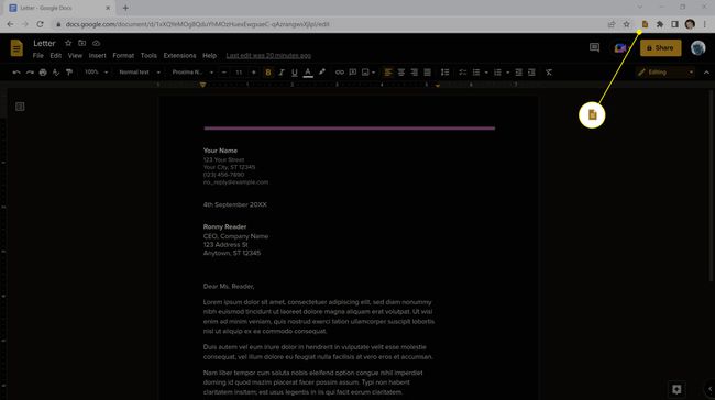 ไอคอนส่วนขยาย Google Docs in Dark ที่ไฮไลต์ใน Chrome