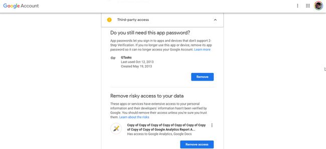 Captura de pantalla del acceso de terceros en la herramienta de verificación de seguridad de Google