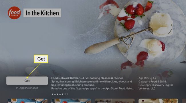 Zaslon z informacijami o aplikaciji Food Network za Apple TV