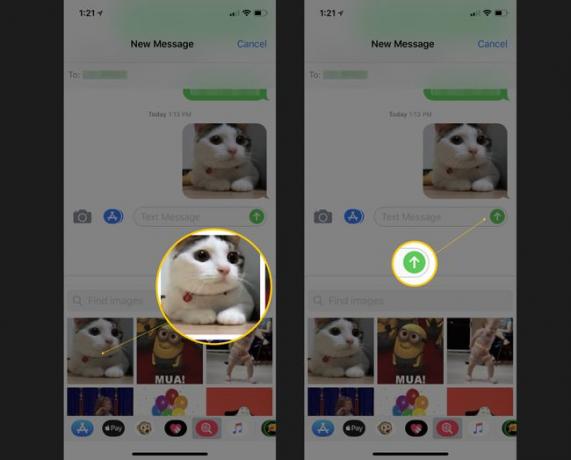 메시지에서 GIF 선택과 보내기 버튼을 보여주는 두 개의 iOS 화면