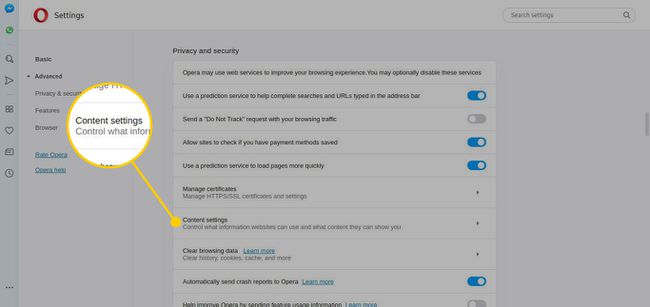 Opción de configuración de contenido en la configuración de privacidad y seguridad de Opera