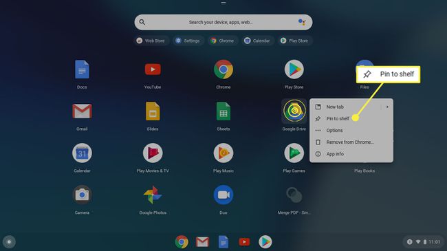 Kommandoen " Fastgør til hylde" i Chrome OS