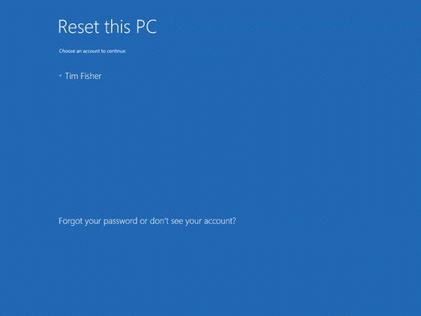 Zaslon izbire računa med ponastavitvijo tega računalnika v sistemu Windows 10