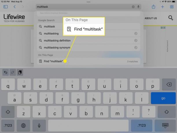 نتائج البحث مع " في هذه الصفحة" في Safari على iPad