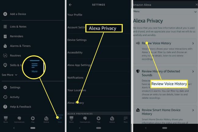 Más Privacidad de Alexa Revise el historial de voz en la aplicación Alexa.