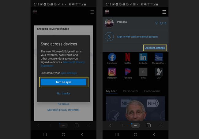 Activando la sincronización en Microsoft Edge en Android.