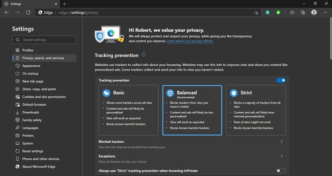 Opcje zapobiegania śledzeniu w Microsoft Edge
