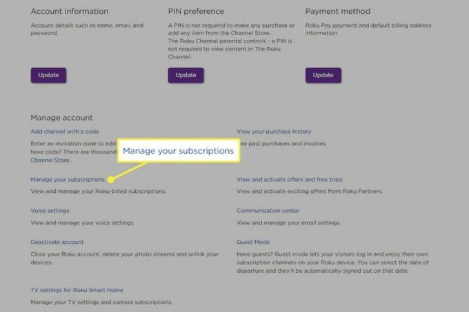 Roku のサイトで強調表示されている「サブスクリプションの管理」項目。