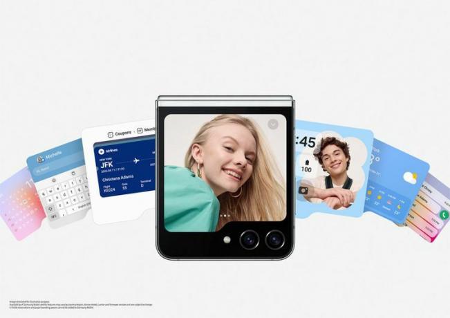 Samsung Galaxy Flip5 затвори, показвайки различни опции на екрана. 