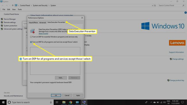 Seçtiklerim dışındaki tüm programlar ve hizmetler için DEP'yi Aç ile Veri Yürütme Engellemesi sekmesi