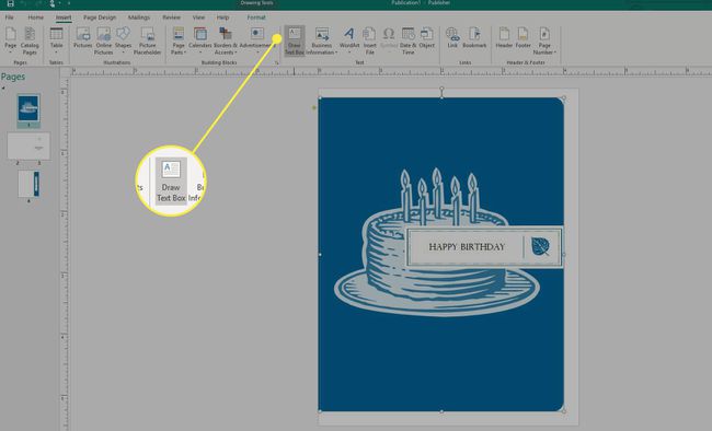 [テキストボックスの描画]ボタンが強調表示されたMicrosoftPublisherのスクリーンショット