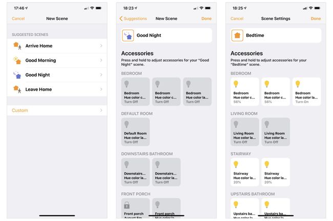 3 iPhone Home lietotnes ekrānuzņēmumi: (pa kreisi) jaunas sižeta opcijas ar 4 ieteiktajām sižetiem, (centrā) Good Night ainas informācija, lai visu izslēgtu, (pa labi) Gulēšanas laika pielāgota aina, kas izslēdz dažas gaismas un citas ieslēgts