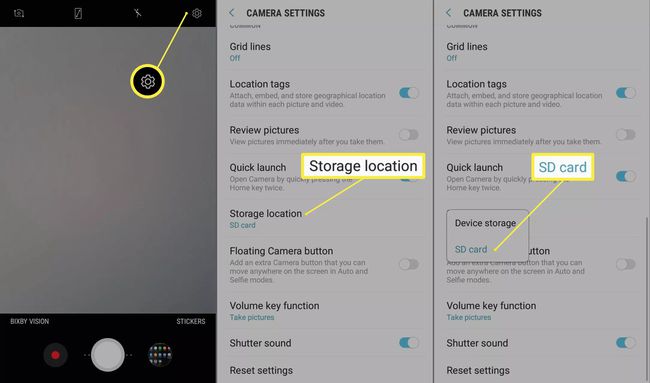 Equipo de configuración, ubicación de almacenamiento y tarjeta SD en la aplicación de la cámara de Android.