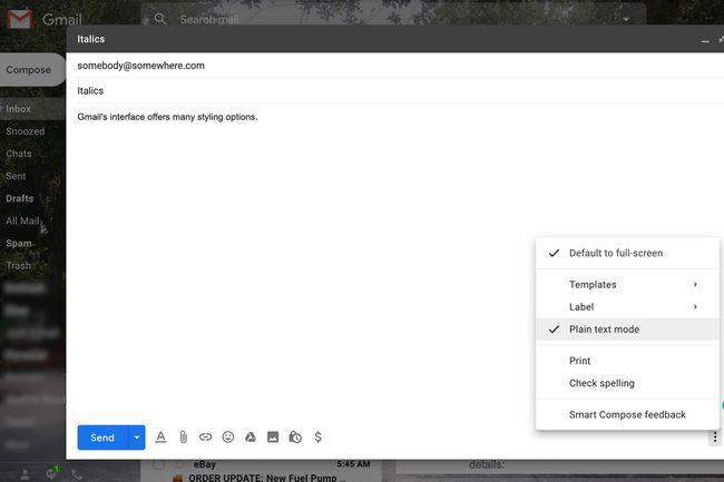 Escolha do modo de texto simples no Gmail