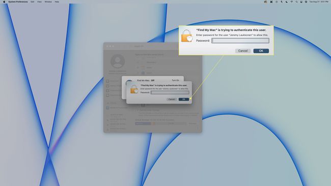 يتم تمييز مربع موافق وكلمة المرور في نافذة مصادقة Find My Mac.