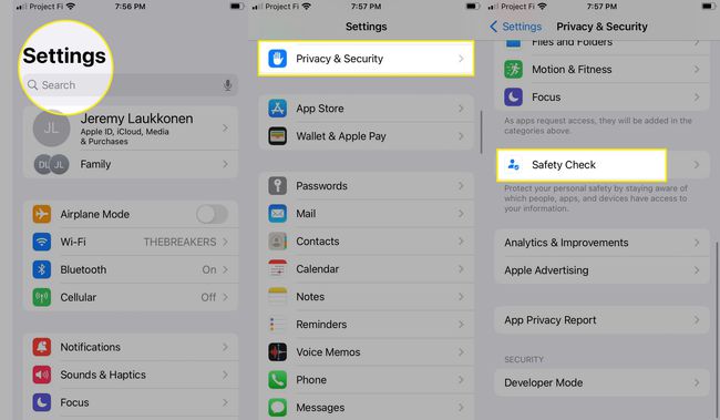 設定、プライバシーとセキュリティ、および安全性チェックが強調表示されたiPhone