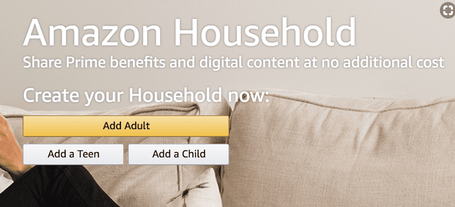 Captura de pantalla de la página de registro de Amazon Household, con botones para Agregar adulto, Agregar adolescente o Agregar niño