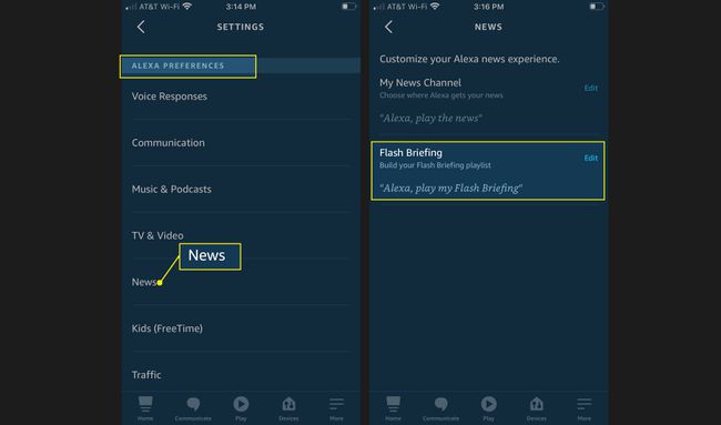 Kerige alla jaotiseni Alexa Preferences ja valige News ning seejärel puudutage Flash Briefing. 