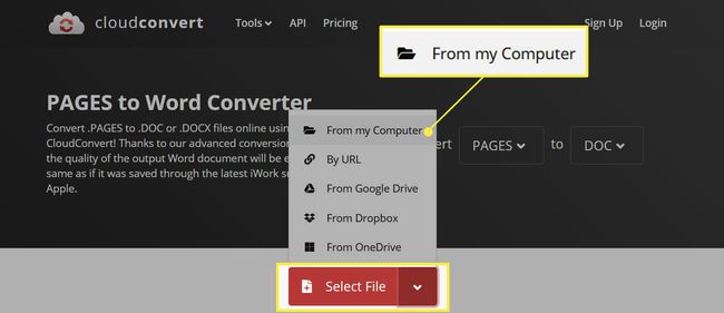 Convertitore da pagine a Word con Seleziona file e Dal mio computer evidenziato