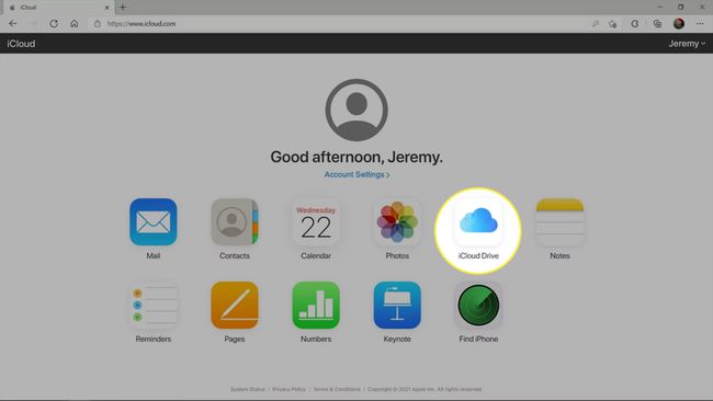 iCloud Drive podświetlony na stronie internetowej iCloud.