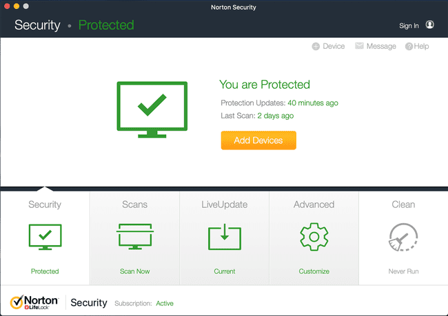 Una captura de pantalla del panel de Norton Security en macOS