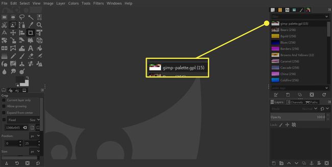 Ein Screenshot von GIMP mit einer hervorgehobenen benutzerdefinierten Palette