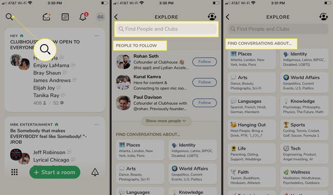 Приложение Clubhouse с лупа, лента за търсене, „Хора за следване“ и „Намерете разговори за“ подчертани