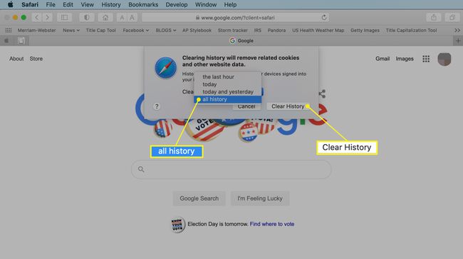 期間オプションが表示された[履歴のクリア]ウィンドウ