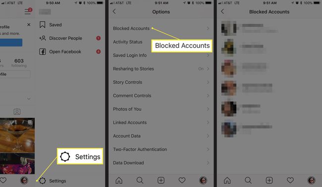 Interfaz de cuentas bloqueadas en Instagram para iOS