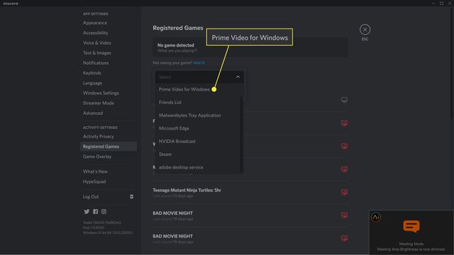 Prime Video evidențiat în meniul drop-down Jocuri înregistrate Discord.